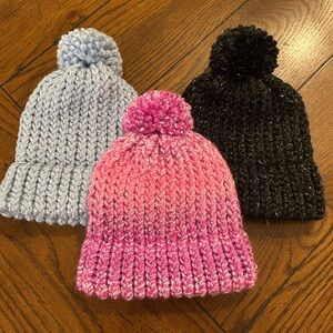 Cozy Kids Knit Pom-Pom Beanie Set - Pink, Blue, Black